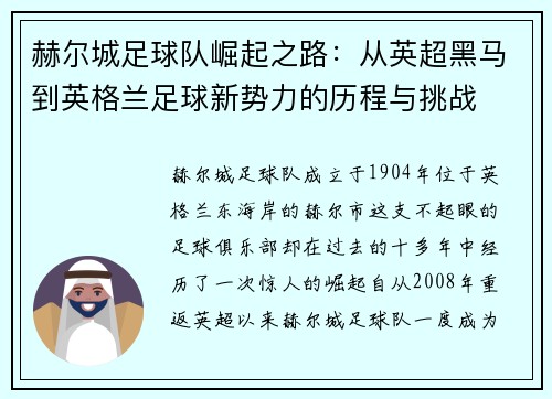 赫尔城足球队崛起之路:从英超黑马到英格兰足球新势力的历程与挑战 赫尔城足球队崛起之路:从英超黑马到英格兰足球新势力的历程与挑战