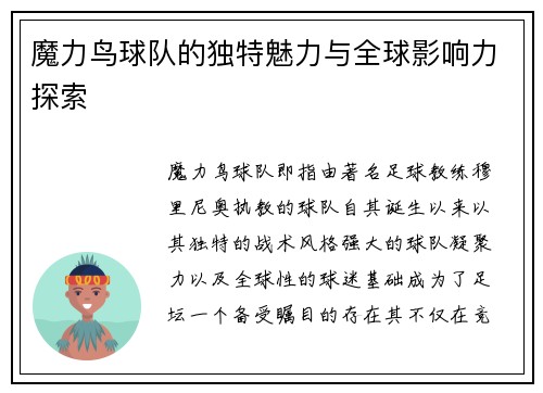 魔力鸟球队的独特魅力与全球影响力探索